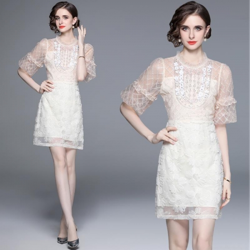 Elegant Lace Embroidery Dress French Style Round Neck Puff Sleeve Slim Fit 3D Floral Mini Dress For Women Party Wedding Evening Apricot White Mesh Splicing Beaded Dress