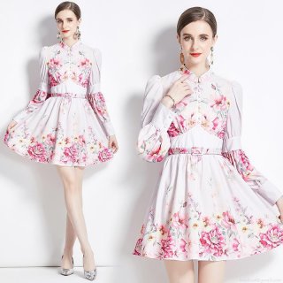Elegant Floral Print Mini Dress Women Retro Stand Collar Long Lantern Sleeve Chiffon Short Dress With Belt Sweet A-Line Party Dress