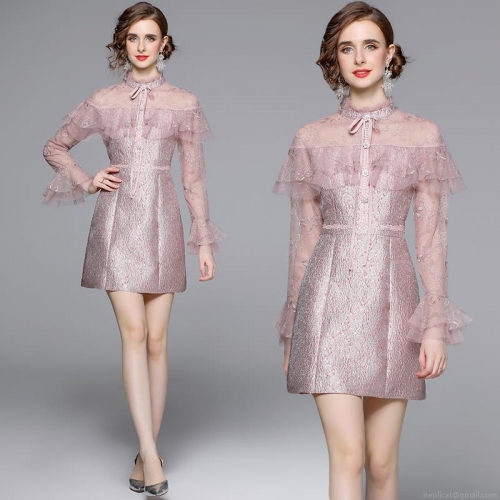 Women's French Retro Elegant Pink Lace Mesh Embroidery Dress Long Sleeve High Neck Ruffle Bow Slim Fit Mini Dress For Party Wedding Guest Midi Dress