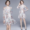 Elegant Floral Print Mesh Dress With Lace Patchwork Round Neck Long Sleeve High Waist Slimming A-Line Midi Dress For Women Party Cocktail Wear