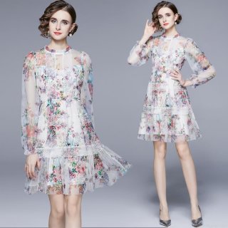 Elegant Floral Print Mesh Dress With Lace Patchwork Round Neck Long Sleeve High Waist Slimming A-Line Midi Dress For Women Party Cocktail Wear