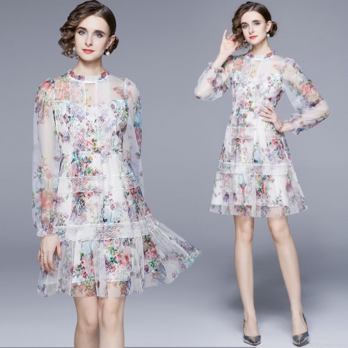 Elegant Floral Print Mesh Dress With Lace Patchwork Round Neck Long Sleeve High Waist Slimming A-Line Midi Dress For Women Party Cocktail Wear