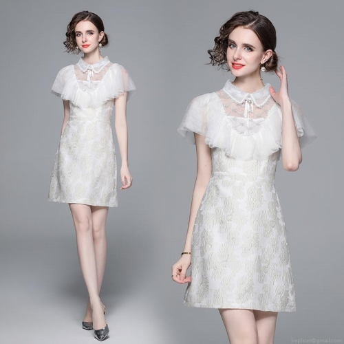 Women's French Style Jacquard Dress Elegant Lace Patchwork Sleeveless A-Line Mini Dress With Doll Collar Bow Decoration For Party Wedding Evening Cocktail Ivory White