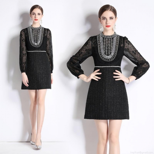 Elegant Black Tweed Lace Patchwork Dress With Sequined Beaded Collar Slim Fit Long Sleeve Midi Dress For Women Evening Party Office Lady Bodycon Dresses