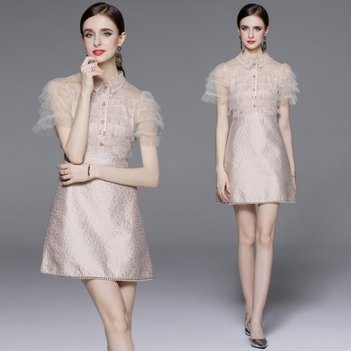 Elegant Women Short Sleeve Jacquard Mesh Patchwork Dress With Sequins Beads Lace Bow Tie Slim High Waist Party Mini Dress Apricot Lady Style