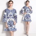 Women Round Neck Flare Sleeve Blue and White Porcelain Print Dress Elegant A-Line Mini Dress Polyester Party Evening Slim Fit Short Dress for Ladies