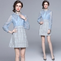 Women's Elegant Light Blue Lace Tweed Mesh Polyester Patchwork Dress Vintage Long Sleeve High Waist Embroidery Bead Mini Dress for Party Office Lady