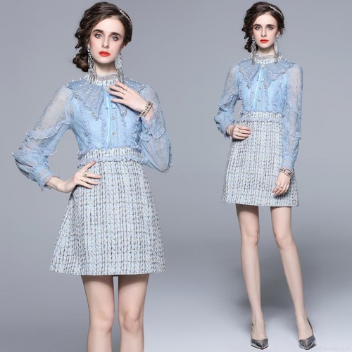 Women's Elegant Light Blue Lace Tweed Mesh Polyester Patchwork Dress Vintage Long Sleeve High Waist Embroidery Bead Mini Dress for Party Office Lady