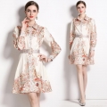 Women's Elegant Paisley Print Mini Dress Satin Long Sleeve Shirt Dress With Belt Button Down A-Line Short Dress For Office Party Daily Fashion Slimming Ladies Dress