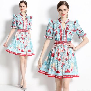 Women's Vintage V-Neck Floral Print Mini Dress Elegant Flare Sleeve Button Up A-Line Summer Vacation Party Short Dress Light Blue