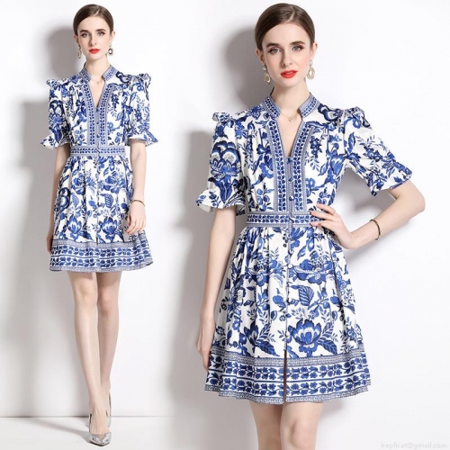 French Elegant Blue And White Porcelain Print Dress Women's V Neck Puff Sleeve Single Breasted Ruffle A-Line Mini Dresses For Summer Party Vacation Casual Clothing