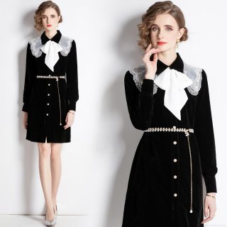 Women's Vintage Black Velvet Mini Dress Elegant Long Sleeve A-Line Party Dress With White Lace Collar Bow Tie And Pearl Waist Chain Slim Fit Retro Short Dress