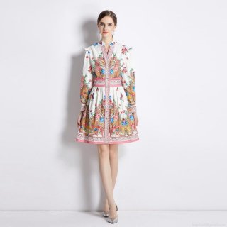 Women Elegant Floral Print Dress Long Sleeve High Waist A-Line Mini Dress Vintage Baroque Pattern Chiffon Texture Dress for Party Commuting Spring Autumn