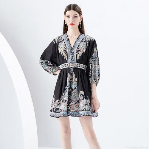 Women's Retro Paisley Print V-Neck Mini Dress With Waist Belt Boho Ethnic Style Lantern Sleeve Polyester Short Dresses For Spring Vacation Party