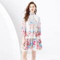 Women Vintage Floral Print Mini Dress Elegant Stand Collar Lantern Sleeve Button Drawstring Waist White Rose Flower Short Dress For Spring Summer Commuting Party