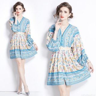 Women's Bohemian Floral Print V-Neck Long Lantern Sleeve Dress With Braided Belt Elegant Ethnic Vacation Short A-Line Pullover Mini Dress