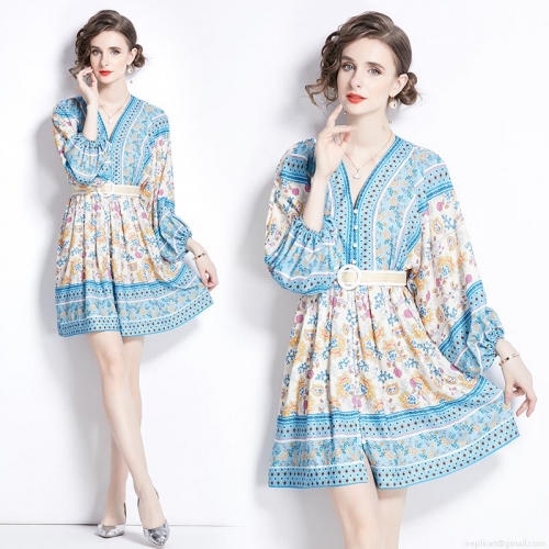 Women's Bohemian Floral Print V-Neck Long Lantern Sleeve Dress With Braided Belt Elegant Ethnic Vacation Short A-Line Pullover Mini Dress