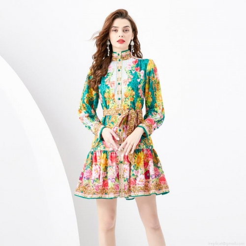 Vintage Baroque Floral Print Mini Dress Women Lantern Sleeve Stand Collar Button Front Chiffon Dress With Belt Royal Style Elegant Spring Summer Short Dress