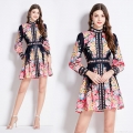 Women Vintage Palace Style Floral Print Mini Dress Stand Collar Lantern Sleeve Elegant Long Sleeve A-Line Short Dress With Belt For Party Dating Spring