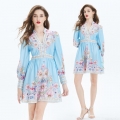 Women's Elegant Light Blue Floral Print Mini Dress Palace Style V-Neck Lantern Sleeve Waist-Tightening Short Dress For Summer Autumn Vacation Party