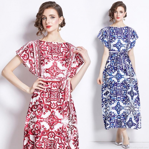 Women's Elegant Majolica Printed Maxi Dress Vintage Polyester Off-Shoulder Tie-Waist A-Line Long Dress For Summer Beach Vacation Party