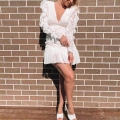 Elegant Women's White Lace Embroidery Mini Dress With Deep V-Neck Long Sleeve Ruffle Trim Sexy Polyester Short Dress For Party Wedding Event
