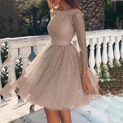 Women's Elegant Round Neck Long Sleeve Sequin Mesh Mini Dress Sparkly A-Line Princess Party Banquet Evening Cocktail Gown For Wedding Party Occasion