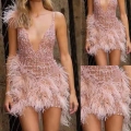 Sexy Deep V Neck Pink Sequin Mini Dress With Feather Hem Sleeveless Bodycon Party Nightclub Celebrity Cocktail Short Dress For Women