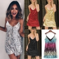 Women's Sexy Sequin V-Neck Sling Mini Dress Sparkling Spaghetti Strap Bodycon Party Evening Club Cocktail Dress Sparkling Glitter Outfits