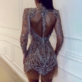 Sexy Sequin Tassel Mini Dress Backless Hollow Out Mesh Rhinestone Bodycon Dress Long Sleeve Cocktail Party Club Night Out Wear For Women
