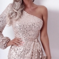 Women One Shoulder Sequin Dress Long Sleeve Irregular Hem Mini Party Dresses Elegant Sparkly Slim Fit Cocktail Evening Gowns With Belt For Lady