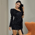 Sexy One Shoulder Sequin Mini Dress Long Sleeve Slim Fit Party Cocktail Night Club Evening Gown With Belt For Women