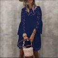 Women's Elegant Hollow Out Lace Dress Bohemian Bell Sleeve Round Neck Mini Dress For Vacation Party Beach Elegant Commuter Fashion Lady Short Gown