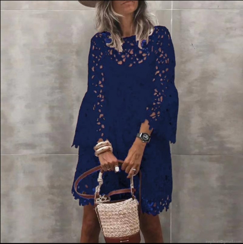 Women's Elegant Hollow Out Lace Dress Bohemian Bell Sleeve Round Neck Mini Dress For Vacation Party Beach Elegant Commuter Fashion Lady Short Gown