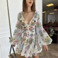 Women's Elegant Lantern Sleeve Floral Embroidery Mesh Mini Dress V-Neck Fairy Style Party Birthday Evening Short Gown With Multi-Color Embroidery
