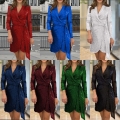 Women Sexy Sequin Long Sleeve Wrap Dress V Neck Slim Fit Tie Waist Mini Party Evening Wedding Guest Gown Polyester Shiny Sparkle Cocktail Dresses For Lady