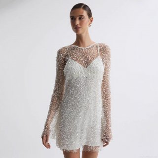 Women's Glamorous Two-Piece Mesh Sequin Dress Long Sleeve Transparent Perspective Mini Dress With Camisole Inner Slip Polyester Spandex Party Evening Clubwear