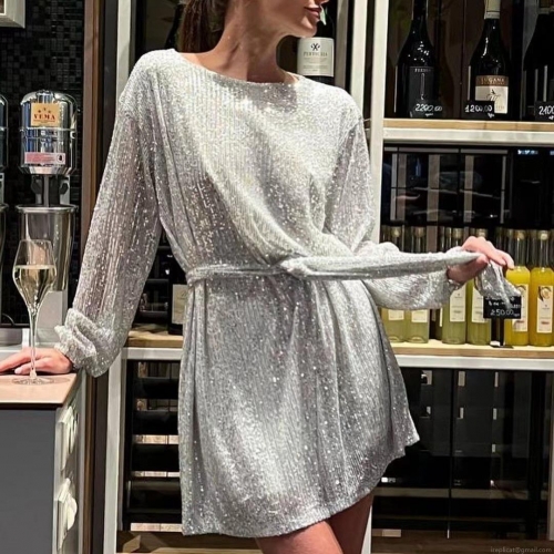 Women's Sparkling Sequin Long Sleeve Mini Dress Elegant Round Neck Waist Tie Cocktail Party Evening Gown Sequin Polyester Dress
