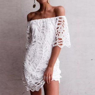 Women Off-The-Shoulder Lace Mini Dress Hollow Out Floral Embroidery Short Sleeve Elegant Commute Party Short Skirt Summer Vacation Slim Fit Dresses