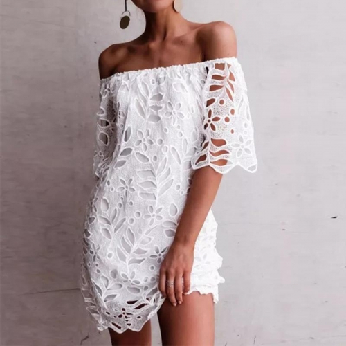 Women Off-The-Shoulder Lace Mini Dress Hollow Out Floral Embroidery Short Sleeve Elegant Commute Party Short Skirt Summer Vacation Slim Fit Dresses