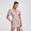 Women Sexy V-Neck 3D Floral Embroidery Mini Dress Elegant Mesh Puff Sleeve Bodycon Party Dress Luxury Sequin Applique Vacation Dress