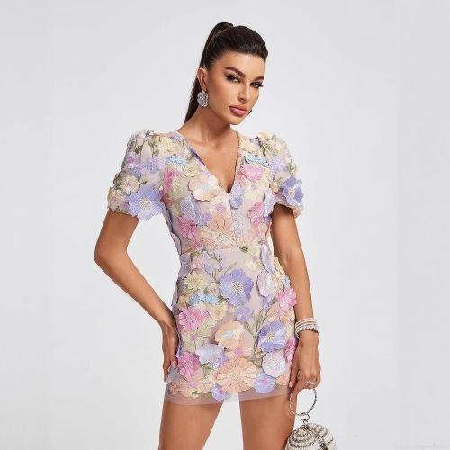Women Sexy V-Neck 3D Floral Embroidery Mini Dress Elegant Mesh Puff Sleeve Bodycon Party Dress Luxury Sequin Applique Vacation Dress