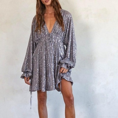 Women Sexy Deep V-Neck Sequin Mini Dress Long Sleeve Tie Waist Backless Party Cocktail Dress Elegant Sparkly Polyester Glitter Club Night Out Short Dress