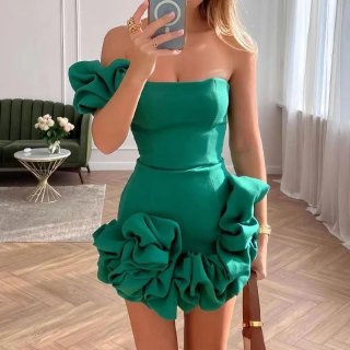 Sexy Women's 3D Flower Ruched Bodycon Mini Dress One Shoulder Sleeveless Satin Polyester Ruffle Party Evening Wedding Cocktail Dress