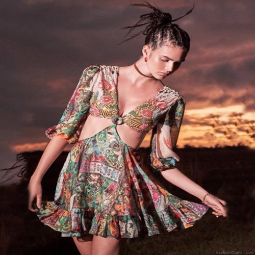 Bohemian Multicolored Print Mini Dress With Sequins Hollow Out Waist Metallic Ring V-Neck Lantern Sleeve Digital Print Vacation Beach Party Dress For Women