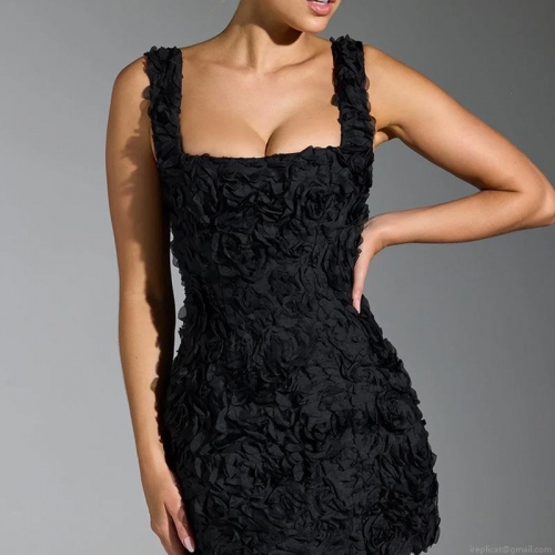 Sexy 3D Rose Flower Mini Dress Square Neck Sleeveless Lace Up Bodycon Dress For Women Summer Party Evening Elegant Cami Dress