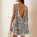 Women's Floral Print Backless Chiffon Mini Dress With Scalloped Trim V Neck Sleeveless Summer Beach Vacation Boho Dress For Women