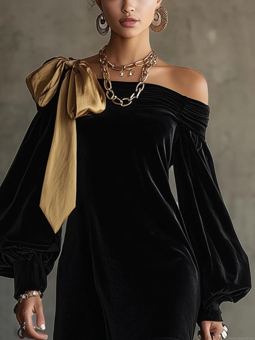 Luxury Black Velvet Bodycon Mini Dress With Large Gold Satin Bow Off Shoulder Lantern Sleeve Sexy Elegant Evening Party Dress For Women