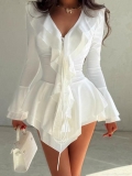 Women's Sexy V-Neck Flare Sleeve Ruffle Mini Dress Solid Color Polyester Satin Look High Waist Tie Dress Elegant Long Sleeve Short Party Dress