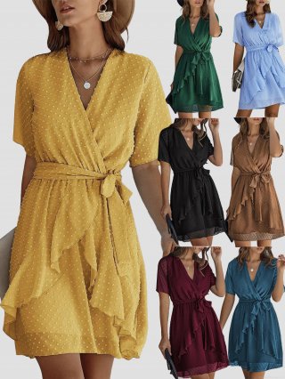 Women's Elegant Swiss Dot V Neck Short Sleeve Wrap Dress Casual Tie Waist Ruffle Hem Summer Mini Dress Party Vacation Polyester Dress